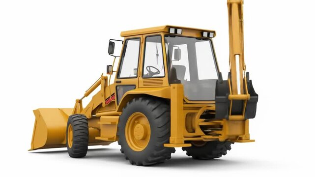 Yellow backhoe loader with bucket and digger arm, against a white background