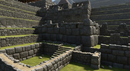 Ancient stone city ruins with tiered structures, complex stonework, and green grass