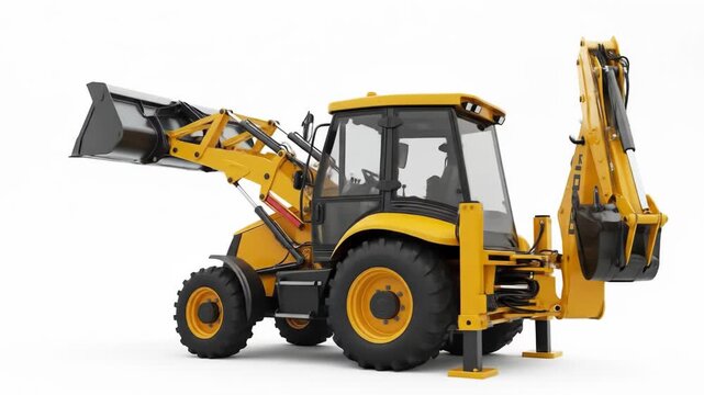 Yellow backhoe loader with black buckets and tires on a white surface