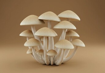 Close-up studio shot of beige and cream mushrooms — detailed natural cluster on warm background, realistic macro composition.