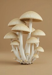 Close-up studio shot of beige and cream mushrooms — detailed natural cluster on warm background, realistic macro composition.