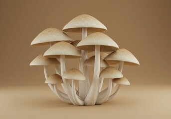 Close-up studio shot of beige and cream mushrooms — detailed natural cluster on warm background, realistic macro composition.
