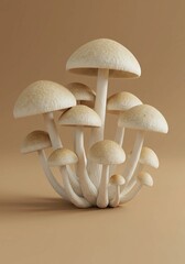 Close-up studio shot of beige and cream mushrooms — detailed natural cluster on warm background, realistic macro composition.