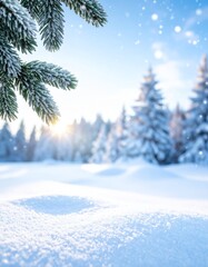 Obraz premium White pine trees in a snowy winter forest landscape under a blue sky, perfect for a Christmas scene