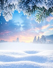 White pine trees in a snowy winter forest landscape under a blue sky, perfect for a Christmas scene