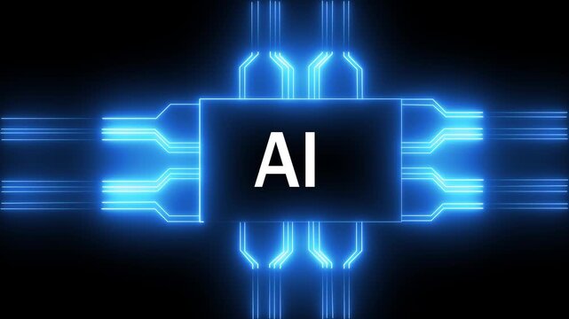 Networking chip icon futuristic neon circuit board AI animated. on black background. Motion graphic of digital AI logo with futuristic technology