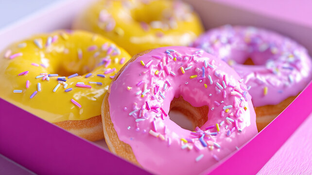 Donut packaging design, colorful glazed donuts with sprinkles in a glossy takeout box, commercial branding style