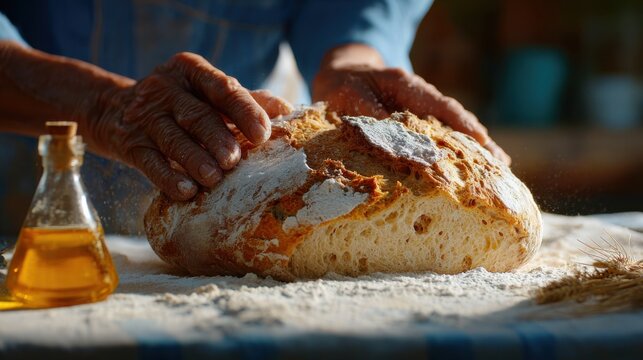 Freshly baked artisan bread being handled by a person, surrounded by flour and a small bottle of oil on a rustic wooden table.
