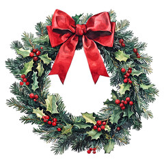 Classic Watercolor Christmas Wreath with Red Bow and Berries  © Sajana Jayathissa