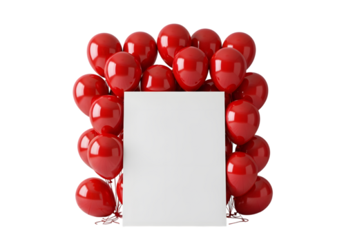Red balloons with white blank card isolated on transparent background for message - Powered by Adobe