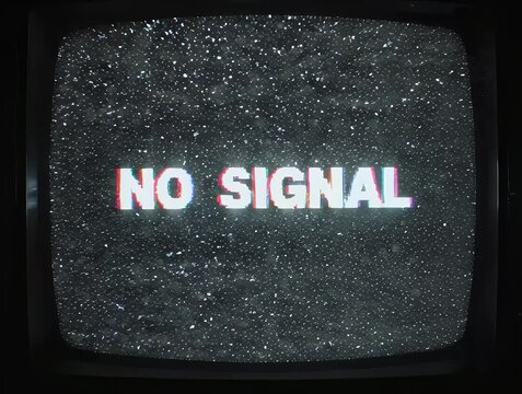 A retro TV screen displays static noise with the words "NO SIGNAL" in distorted, colorful text
