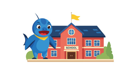 Cartoon shark character promoting education standing in front of a colorful school building illustration