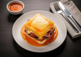 Francesinha-style Melted Cheese Sandwich with Spicy Tomato-Beer Sauce — Gourmet Comfort Food