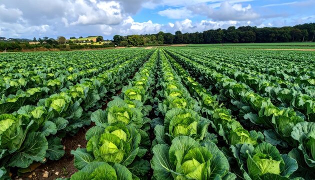Cabbage cultivated fields in Bretagne in French countryside. View of a green cabbage patch field in Brittany, France