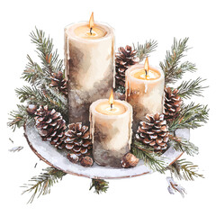 Cozy Watercolor Christmas Candle Arrangement with Pine Cones
