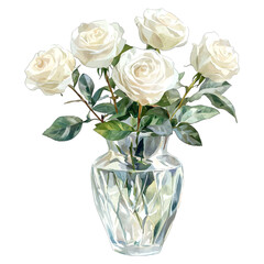 Elegant Watercolor White Rose Bouquet in Glass Vase Clipart
