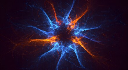 Abstract burst of energy, transitioning from orange to blue hues, emanating from a dark center