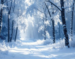 Snowy forest scene shows a snow-covered path leading through a frosted forest, with tree branches coated in ice crystals under a bright, sunlit sky creating a sense of tranquility and winter beauty.