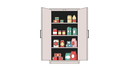 Stylized pantry illustration depicting organized food supplies inside a standing cabinet on a white background