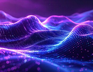 Glowing waves of luminous particles create a dynamic, flowing digital landscape with bokeh effects in the foreground, showcasing an abstract design with violet and blue tones and a futuristic,...