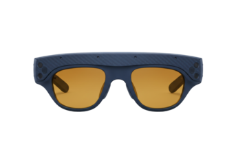Modern blue smart glasses with amber lenses isolated on transparent background, wearable technology for augmented reality and virtual assistance
