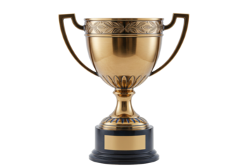 Golden trophy cup isolated on transparent background, award for winner of competition or championship