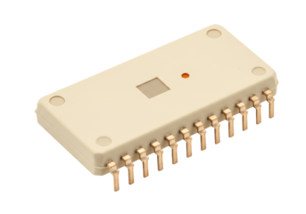 Beige ceramic dual in-line package isolated on transparent background, electronic component for circuit board assembly and repair