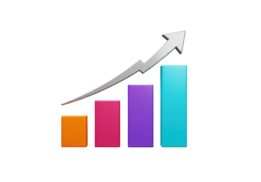 Colorful 3D bar graph with upward arrow isolated PNG, business growth chart for financial success and market analysis