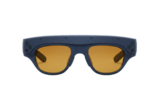 Modern blue smart glasses with amber lenses isolated on transparent background, wearable technology for augmented reality and virtual assistance