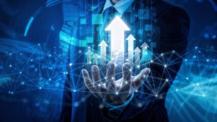 Businessman holding glowing upward arrows symbolizing growth, innovation, and success, digital transformation and business development concept, futuristic technology background with network connection