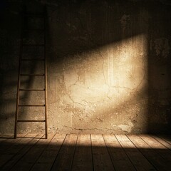 Vintage wooden ladder leaning against an old concrete wall in a dimly lit rustic room with warm dramatic lighting and nostalgic atmosphere.