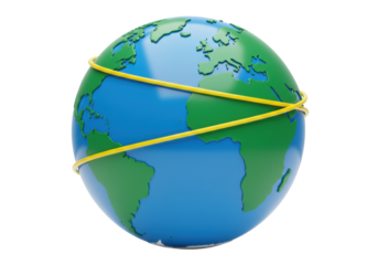 Earth globe with yellow rings isolated on transparent background, world map in blue and green for geography and global communication