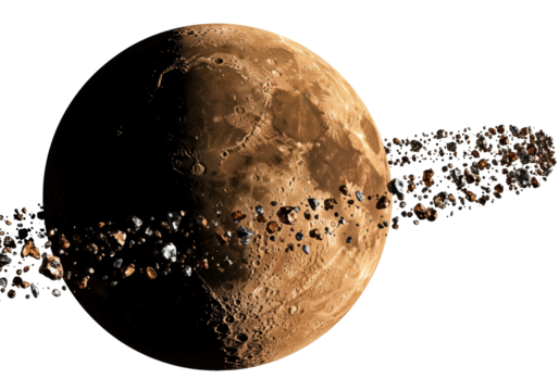 Brown planet with asteroid ring isolated on transparent PNG, rocky celestial body with craters and debris for space exploration concepts