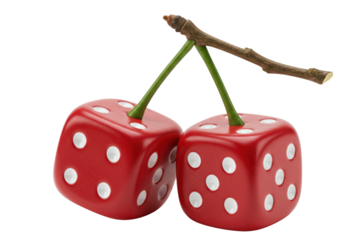 Two red dice shaped like cherries isolated on transparent background, gambling and games concept
