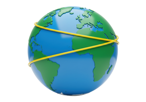 Earth globe with yellow rings isolated on transparent background, world map in blue and green for geography and global communication