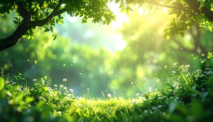 Fototapeta premium Abstract blurred backdrop with lively summer greenery