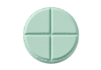 Mint green round pill isolated PNG, medication tablet with score lines for dosage and pharmaceutical use on transparent background