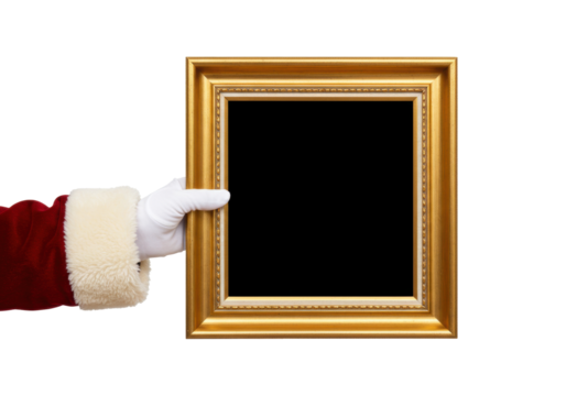 Santa Claus holding a golden picture frame isolated, Christmas holiday season concept with festive frame for photo or message on transparent background