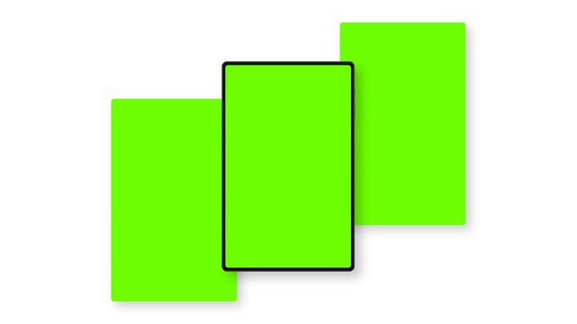Animated tablet mockup with three green chroma screens, front view. Smooth motion ideal for app, UI, and web design showcases, product demos, and digital marketing presentations