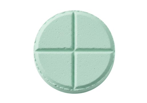 Mint green round pill isolated PNG, medication tablet with score lines for dosage and pharmaceutical use on transparent background