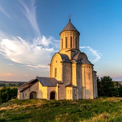 Ancient, stone domed structure, illuminated by golden hour, set on a grassy knoll, under a sky