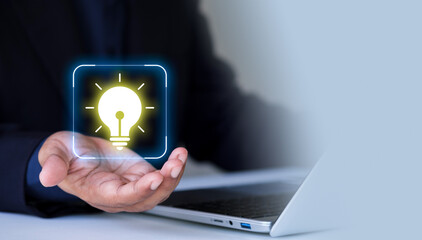 Innovative Business Idea Concept. Creative business ideas. Technology glowing light bulb icon....
