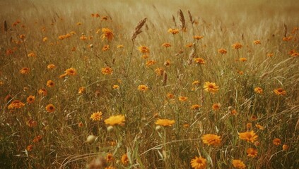 Captivating display of vibrant orange wildflowers gracefully flourishing amidst a field of tall, golden grasses, illuminated by soft, diffused sunlight, evoking a tranquil and serene natural scene...