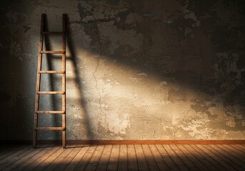 Vintage wooden ladder leaning against an old concrete wall in a dimly lit rustic room with warm dramatic lighting and nostalgic atmosphere.