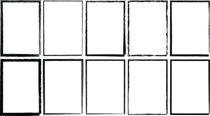 Ten blank white rectangles with black borders, arranged in two rows of five, , perfect for showcasing designs or messages