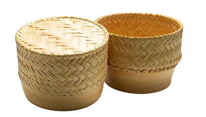 Pair of traditional Thai bamboo sticky rice containers, handcrafted kratib baskets isolated on transparent background