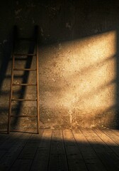 Vintage wooden ladder leaning against an old concrete wall in a dimly lit rustic room with warm dramatic lighting and nostalgic atmosphere.