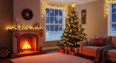 Christmas interior with decorated tree, fireplace and cozy atmosphere