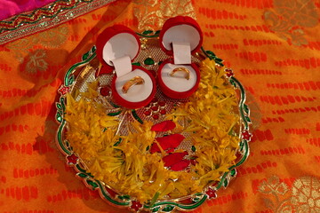 Golden rings in box for ceremony. rings in engagement