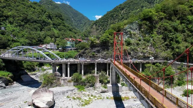 Aerial view of Xiangde Temple and the beautiful entrance bridge in Taroko National Park, Hualien county district, Taiwan
